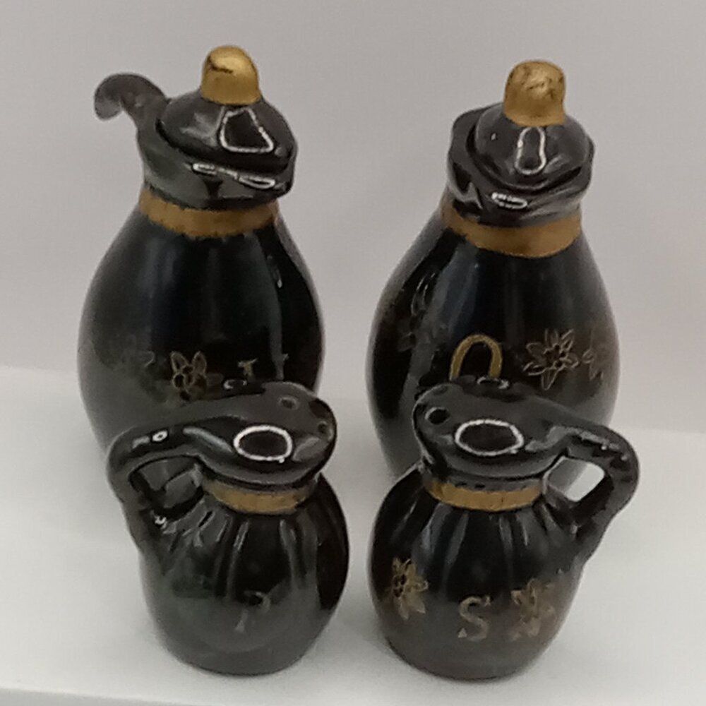 Redware Clay Mini Vinegar Oil CRUET & Salt Pepper SHAKERS Dark Brown Gold Vtg